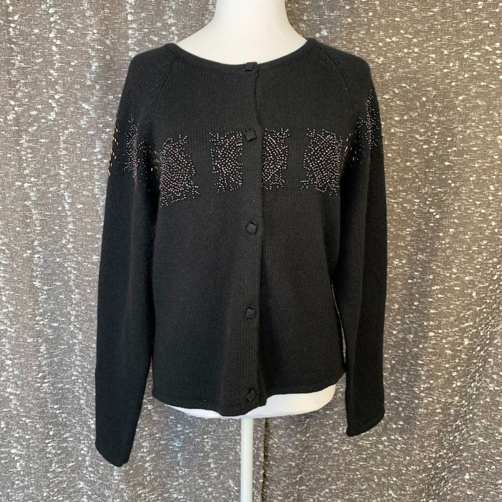 Vintage Ivy Black Knit Beaded Cardigan‎ Sweater Preppy Chic Women's Large